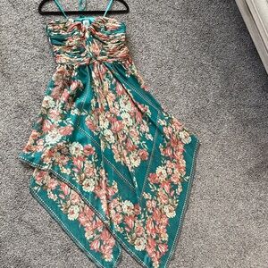 Pearl Georgina Chapman Asymmetrical Teal Floral Dress